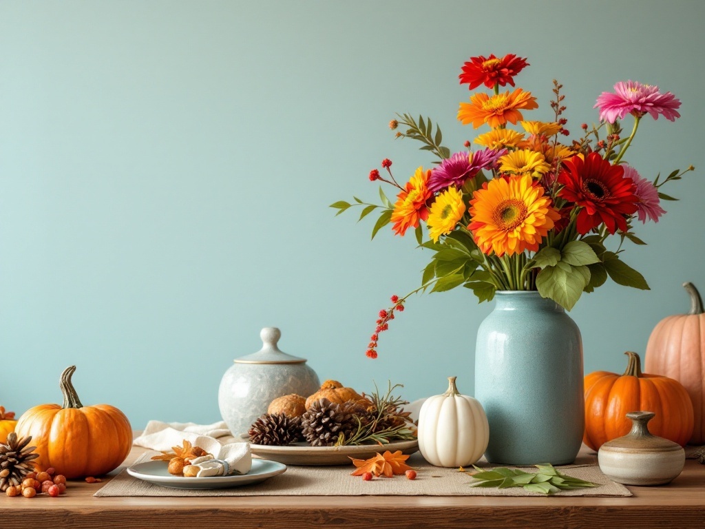 A Thanksgiving table with a colorful floral arrangement, pumpkins, and decorative items.