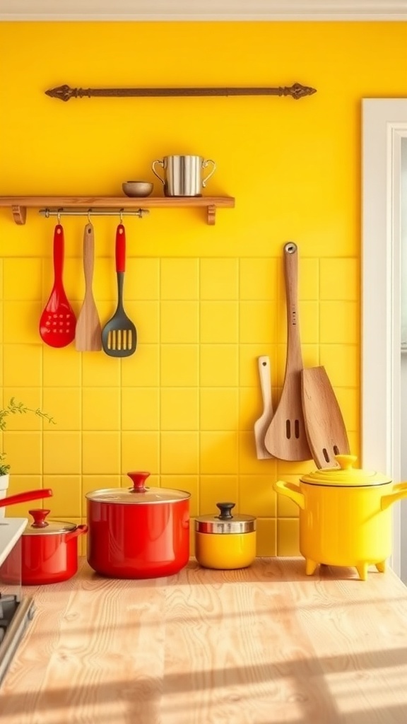 Brightly colored kitchen accessories in a yellow farmhouse kitchen.