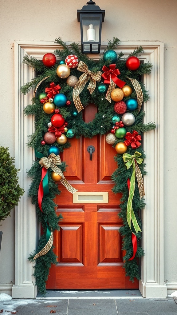 A beautifully decorated Christmas door with colorful ornaments and a wreath.
