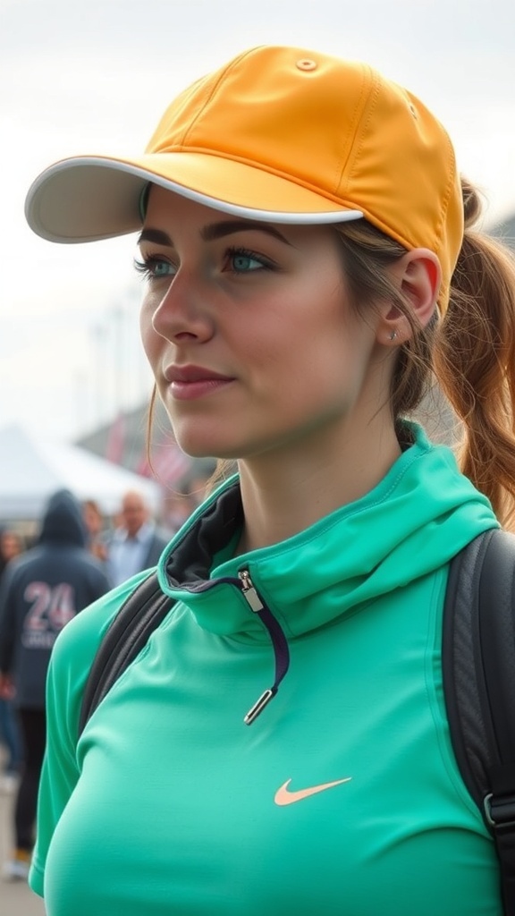 A young woman wearing a bright yellow sports cap and a mint-green athletic top.
