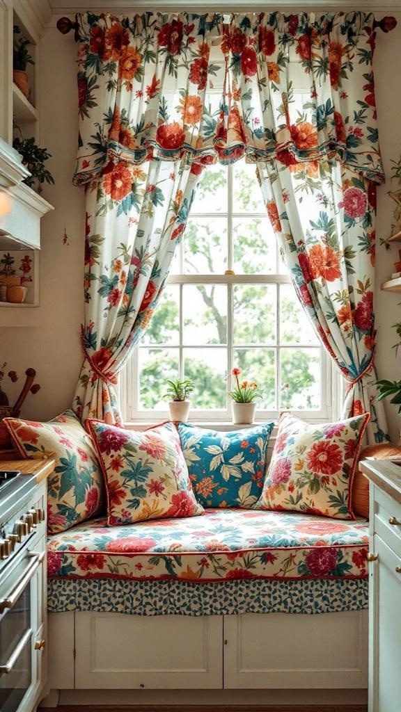 A cozy kitchen nook with brightly patterned floral cushions and curtains, featuring a sunny window and potted plants.