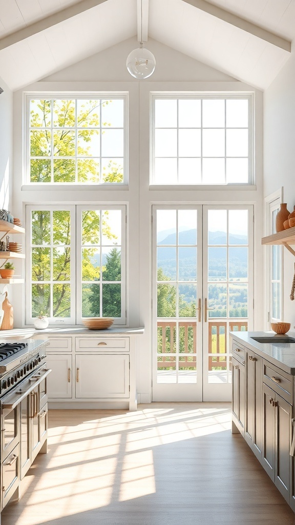 Bright farmhouse kitchen with large windows showcasing outdoor views.