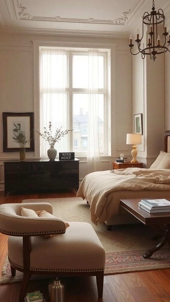 Cozy brown and cream bedroom with natural light and elegant decor