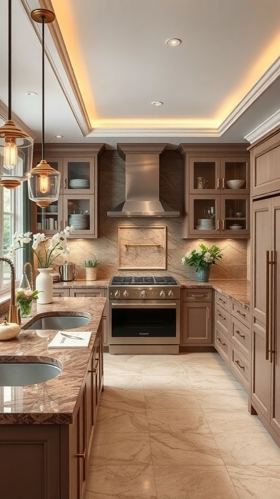 A modern kitchen featuring brown marble countertops, elegant cabinetry, and stylish lighting.
