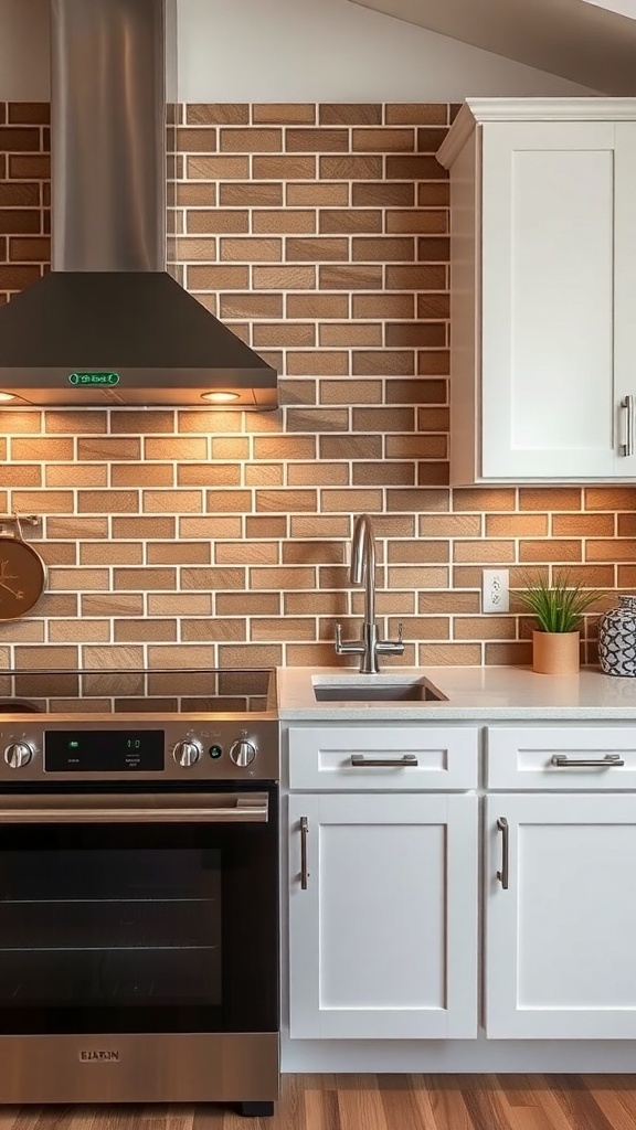 A modern kitchen featuring a brown subway tile backsplash, white cabinets, and stainless steel appliances.