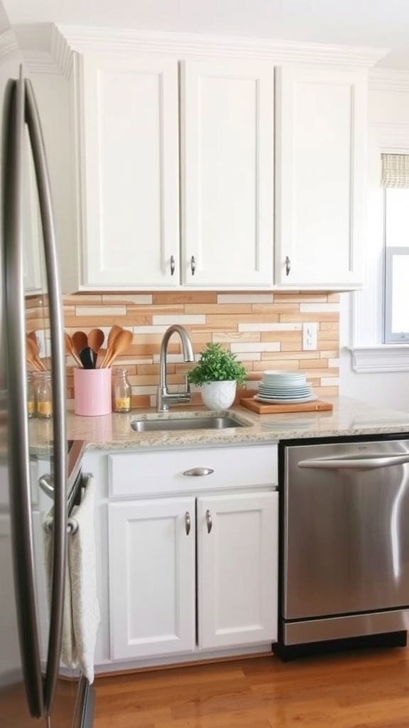A cozy kitchen with a wooden backsplash and white cabinets
