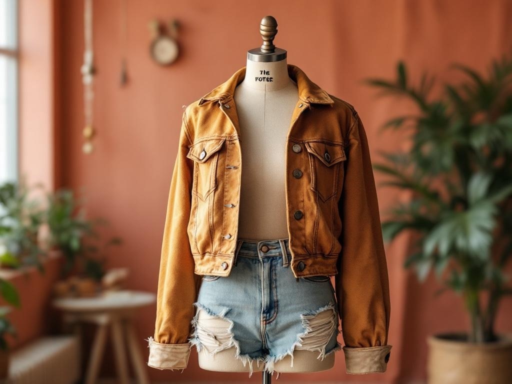 A brown denim jacket displayed on a mannequin with distressed denim shorts, set against a warm background.