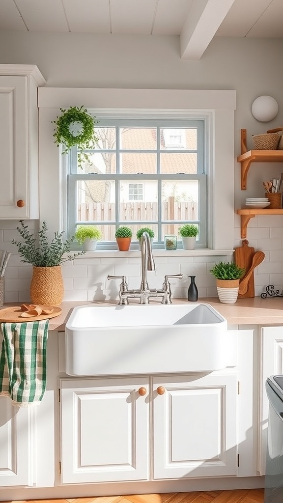 A bright farmhouse kitchen featuring a large white sink, wooden countertops, and decorative plants.