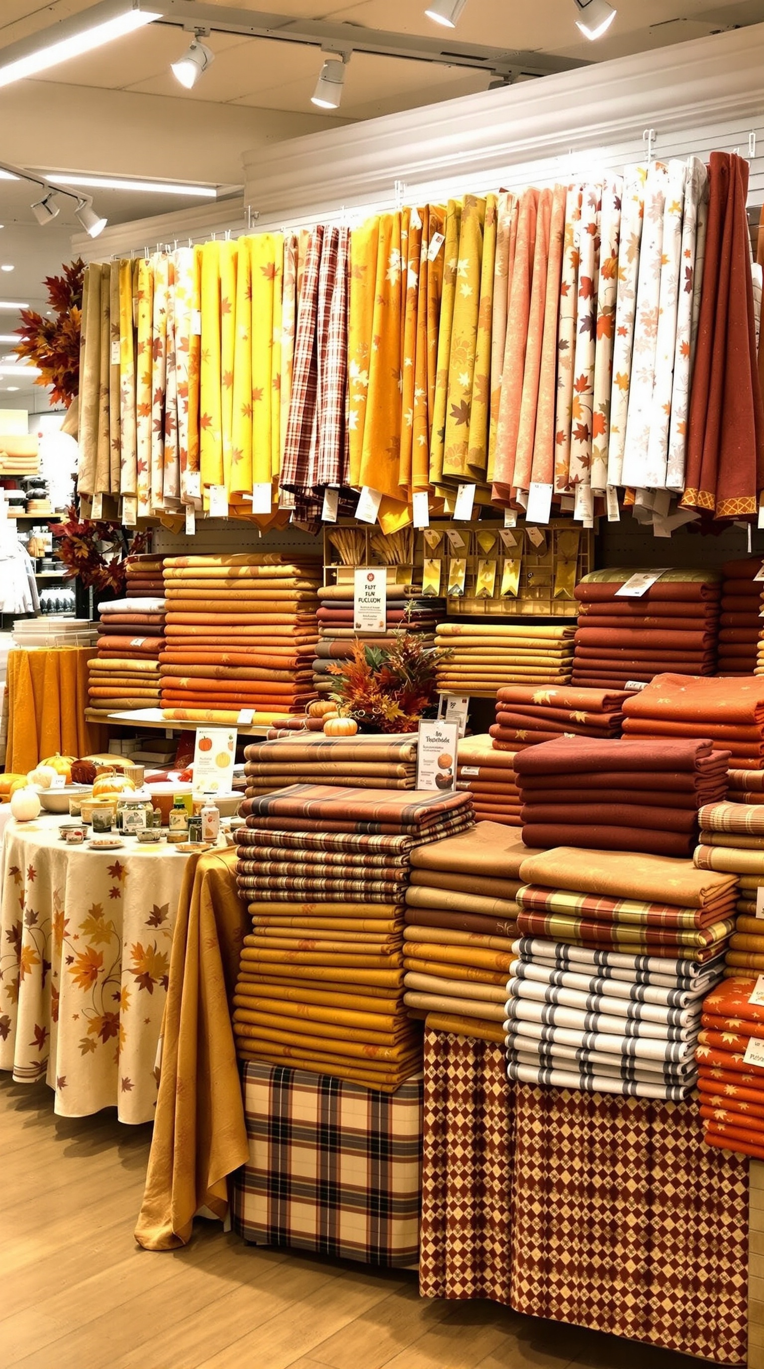 A variety of colorful Thanksgiving tablecloths and cushions displayed in a store, featuring autumn leaves and pumpkins.