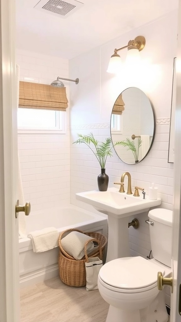 A bright and modern bathroom featuring a bathtub, sink, and decorative plant.