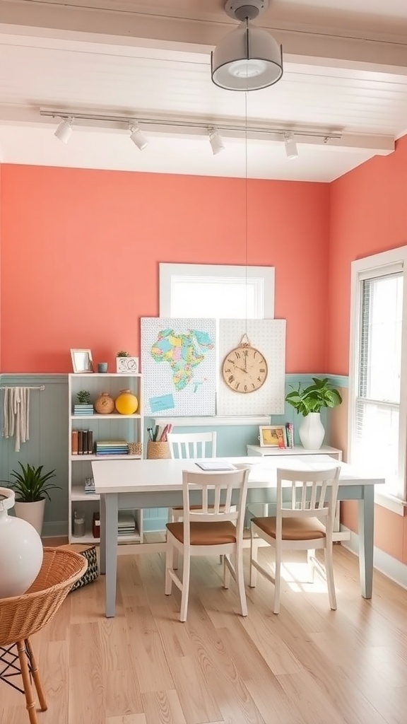 A bright and inviting craft room with coral and teal walls, a white table, and natural light.
