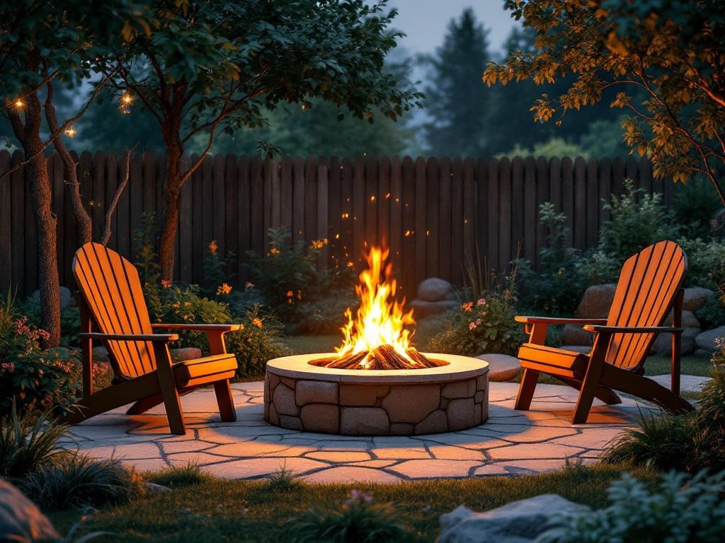 A cozy outdoor fire pit surrounded by wooden chairs, set in a lush garden.