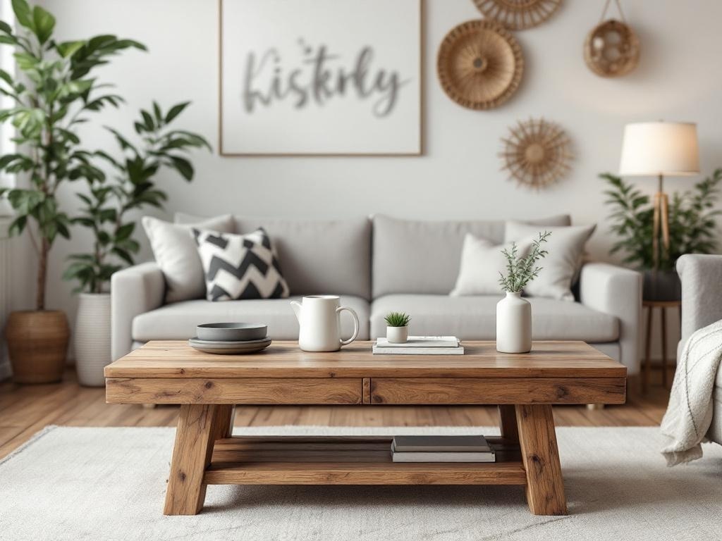 A rustic wooden coffee table in a cozy living room setting with a sofa and decorative items.