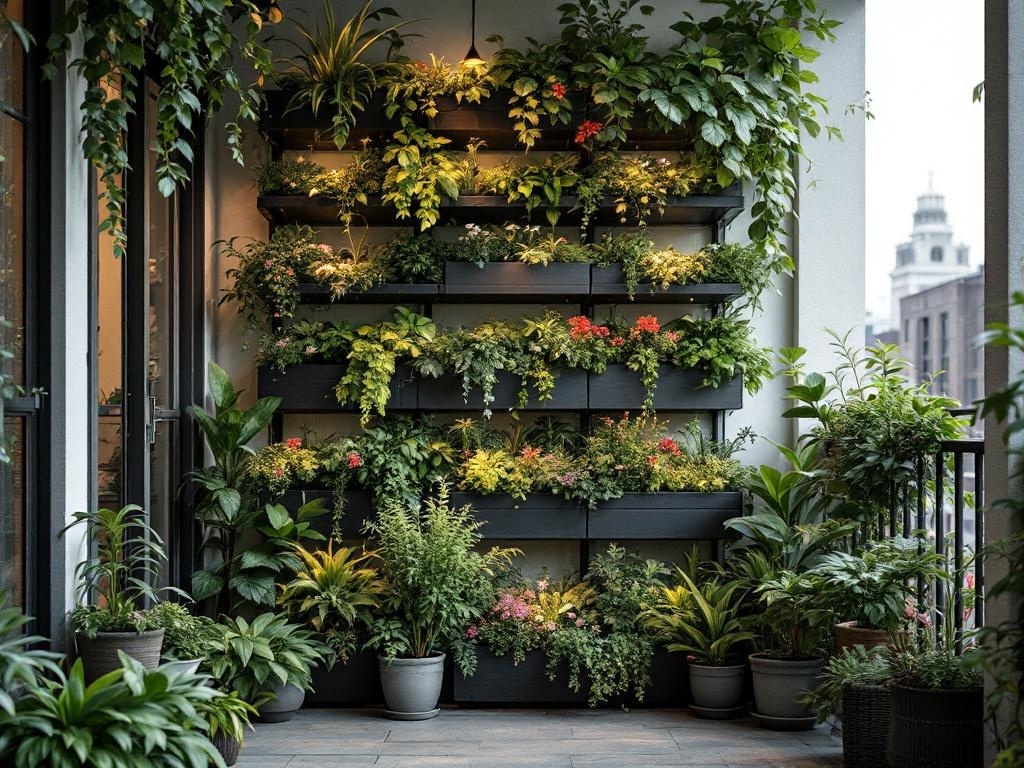 A vertical garden with various plants arranged on a wall, showcasing a green and vibrant aesthetic.