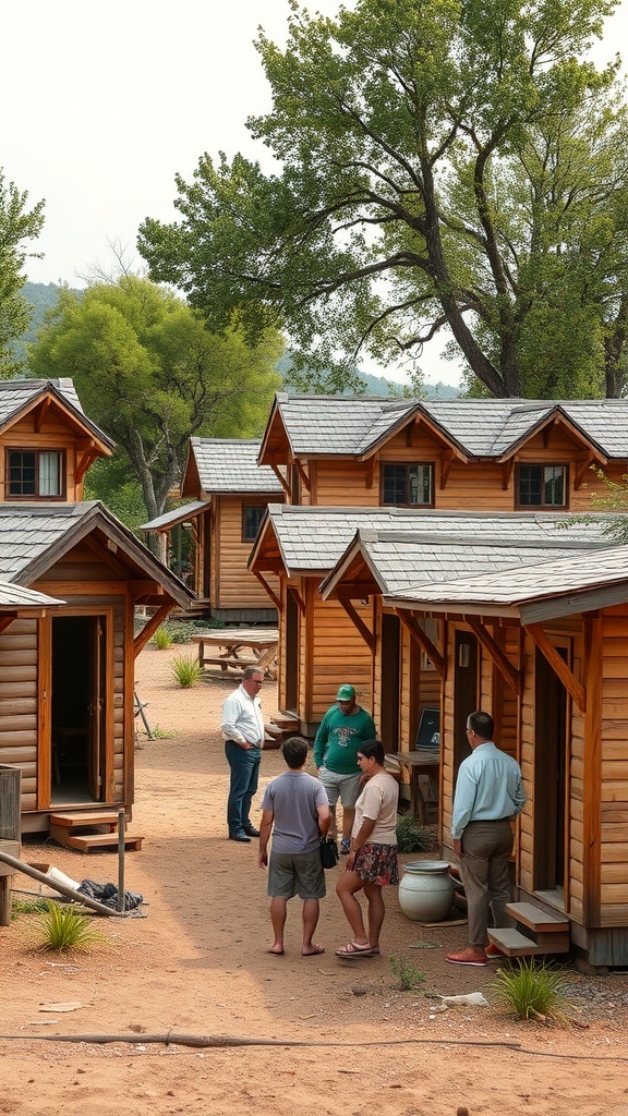 A group of people interacting outside rustic tiny houses.