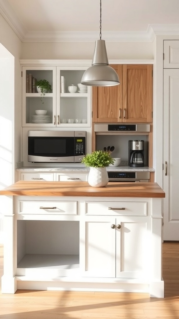 A bright farmhouse kitchen with a wooden island and built-in appliances.