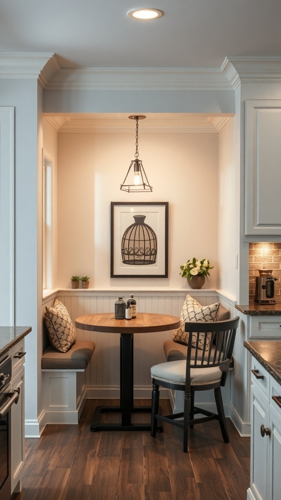 Cozy built-in bar nook with a round table, comfortable seating, and decorative elements.
