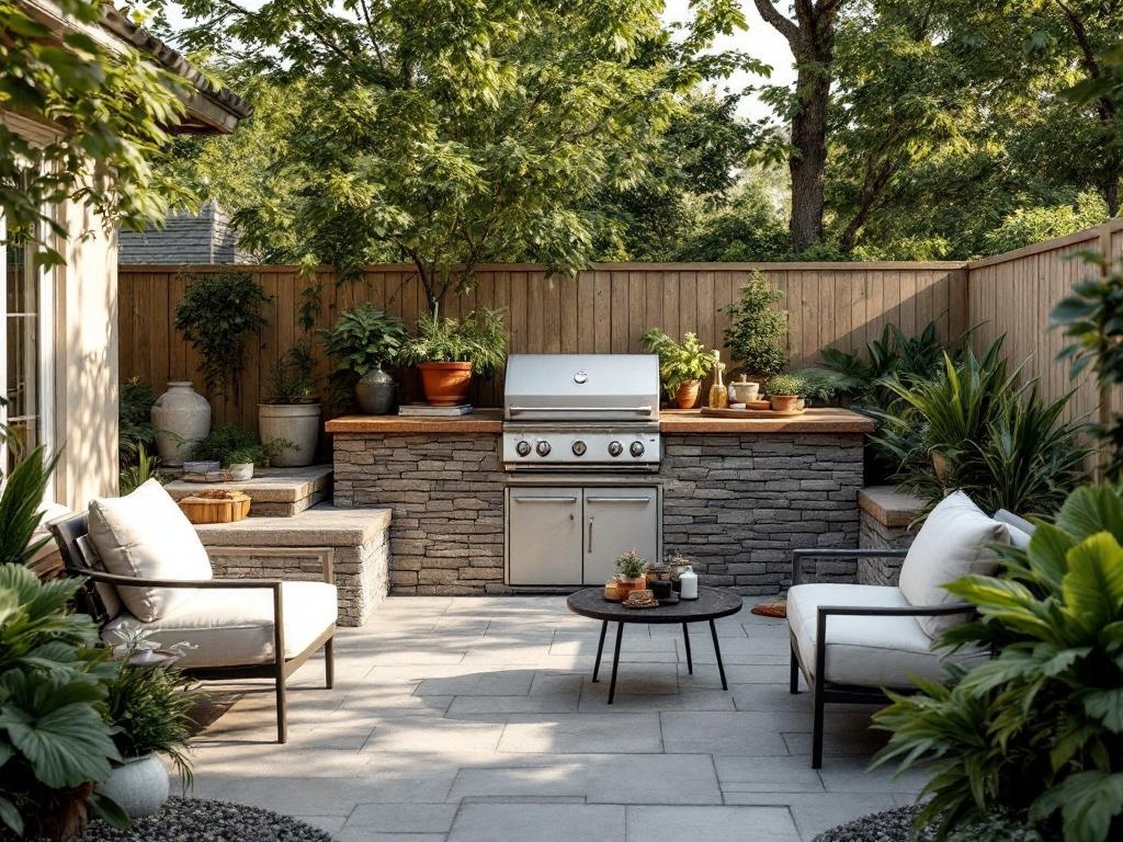 A modern backyard kitchen featuring a built-in barbecue and comfortable seating surrounded by greenery.