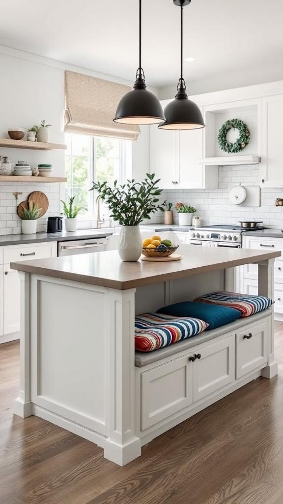 A small kitchen island with built-in bench seating, featuring colorful cushions and a wooden countertop.
