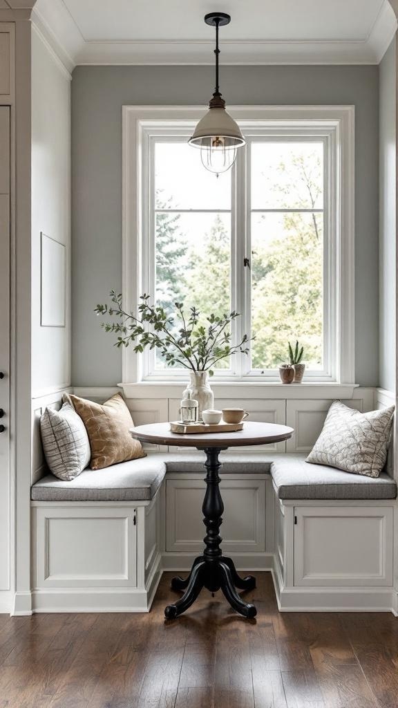 Cozy kitchen nook with built-in bench seating, round table, and decorative pillows.
