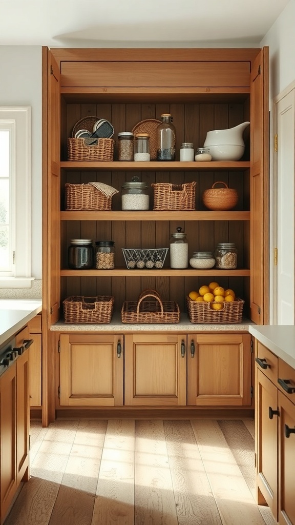 Rustic built-in pantry with wooden shelves and baskets in a farmhouse kitchen.