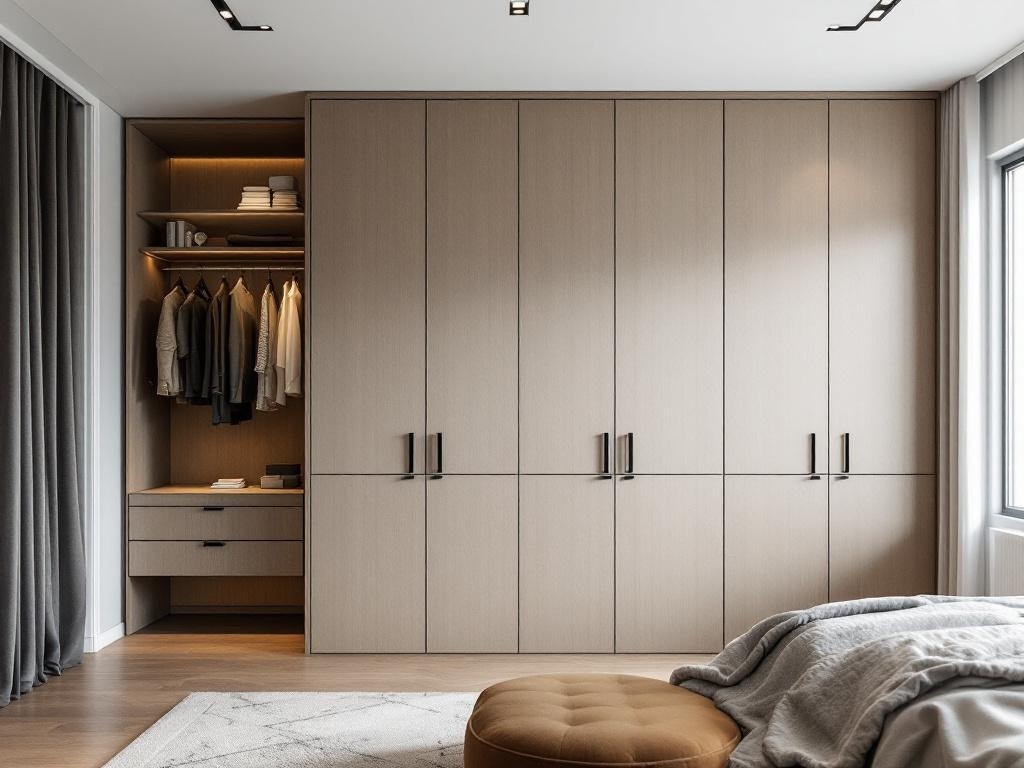 A modern built-in wardrobe with hanging space and drawers in a stylish bedroom.