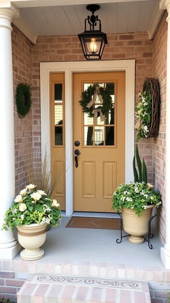 A cozy porch decorated with plants, a wreath, and burlap accents.