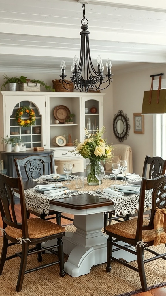 A dining table with burlap and lace accents, featuring a lace table runner and burlap tied chairs, set for fall decor.