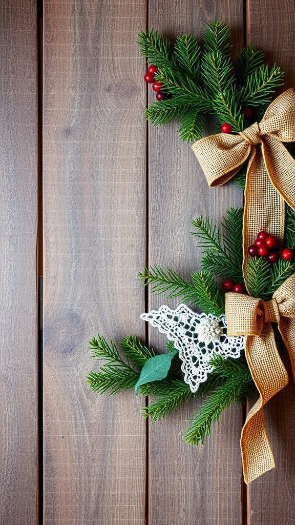 A rustic Christmas wreath featuring burlap and lace accents, with greenery and red berries.