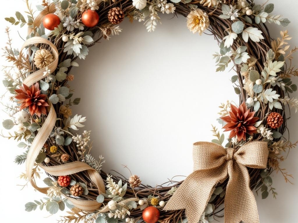 A fall Thanksgiving wreath with burlap and ribbon accents, featuring dried flowers and decorative elements.