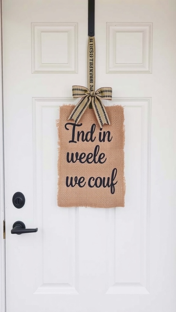 Burlap door hanger with a ribbon, featuring a welcoming message.