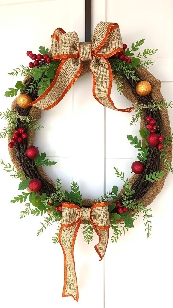 A burlap and ribbon fall wreath featuring twigs, a large bow, and decorative elements like berries and ornaments.