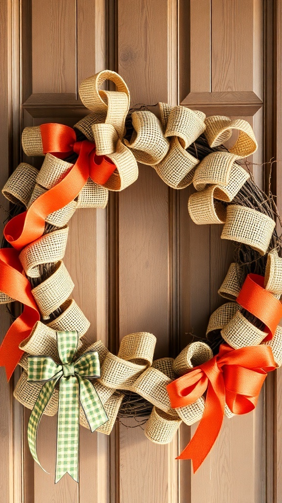 A burlap and ribbon wreath with orange and green bows hanging on a wooden door.