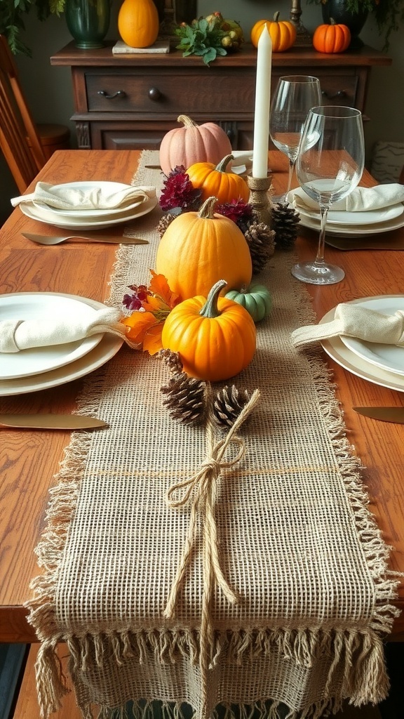 A burlap table runner with twine, pumpkins, and natural decor on a wooden table.