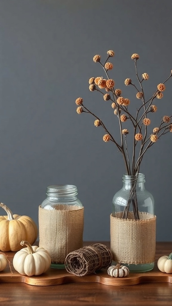Decorative jars wrapped in burlap with twigs and small pumpkins