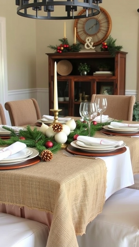 A beautifully set farmhouse table with a burlap tablecloth, candles, and festive decorations.