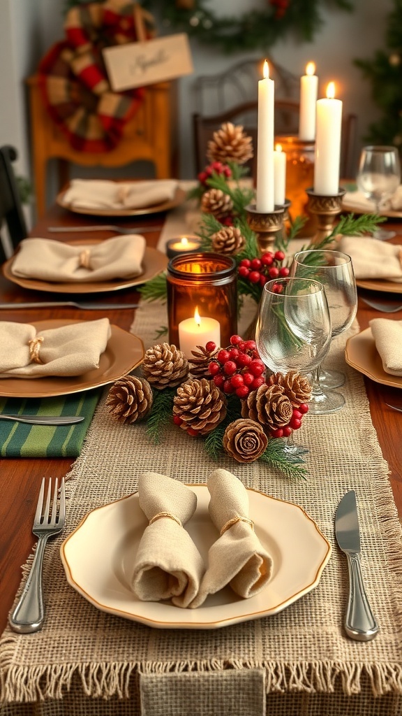 A rustic burlap table runner on a wooden table decorated with pinecones, red berries, and candles for Christmas.