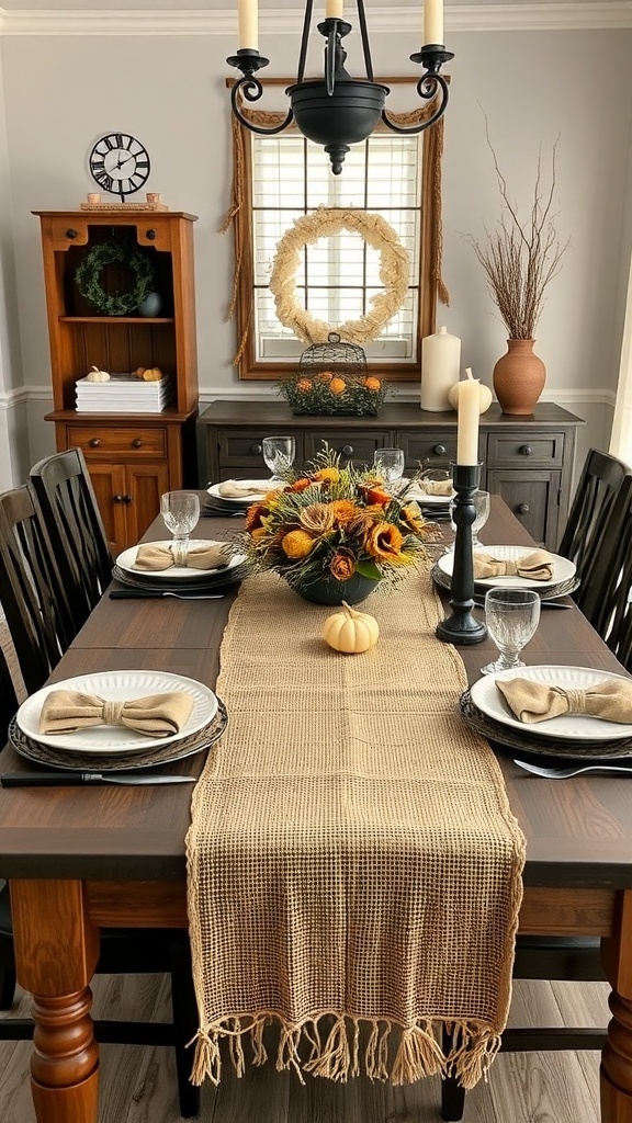 A dining table decorated with a burlap table runner, autumn-themed centerpiece, and elegant table settings.