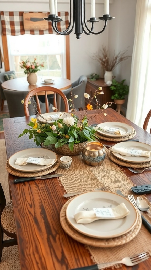 A dining table set with a burlap table runner, plates, and a floral centerpiece.