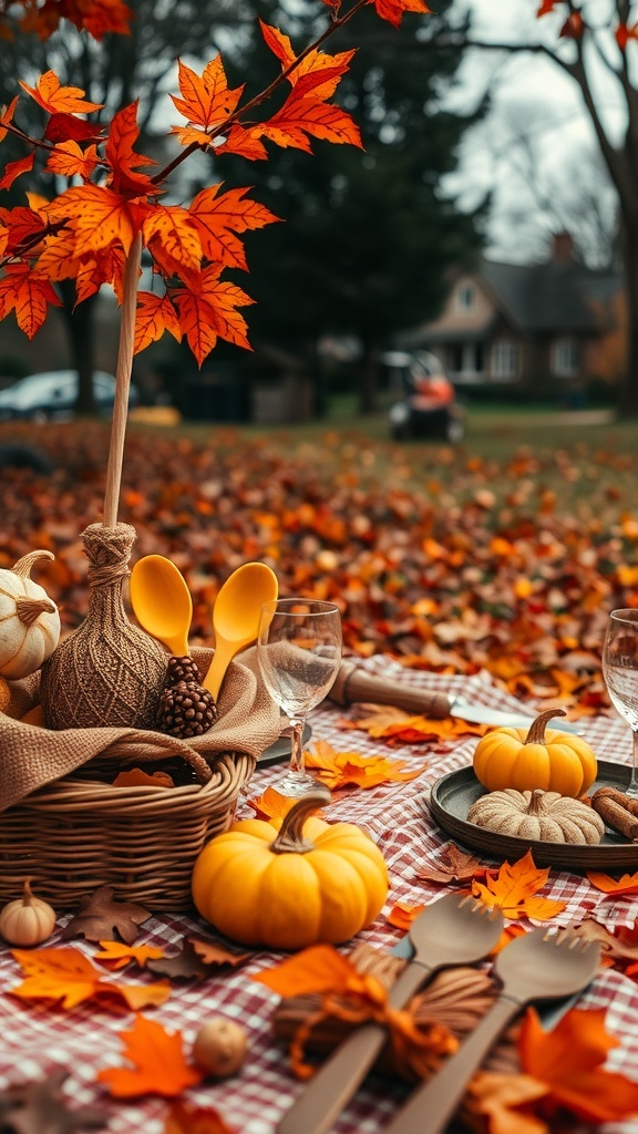 A cozy autumn table setting with burnt orange leaves and mustard-colored pumpkins.
