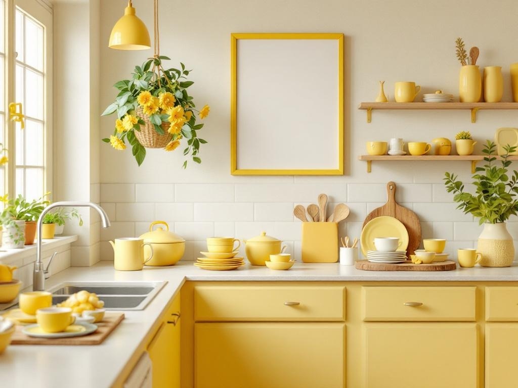 A bright kitchen with buttercup yellow cabinets, dishes, and a hanging plant with yellow flowers.