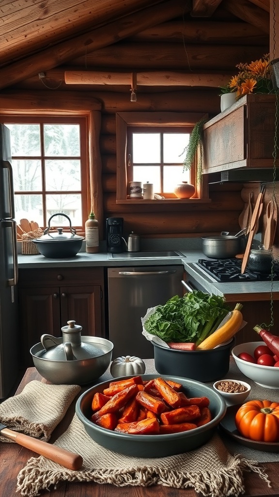 A cozy cabin kitchen with fresh vegetables and rustic decor.