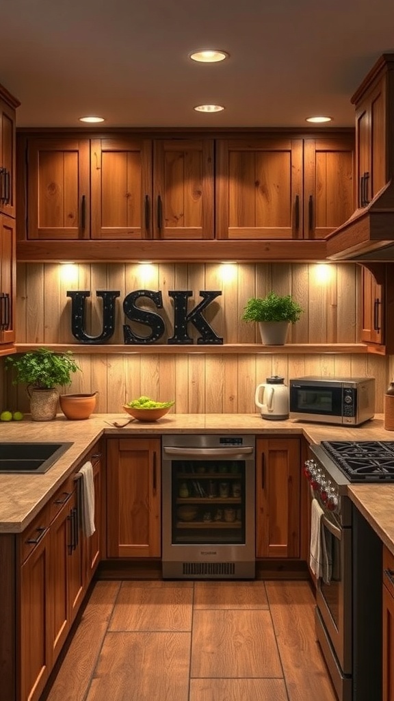 Rustic kitchen with wooden cabinets and under-cabinet lighting
