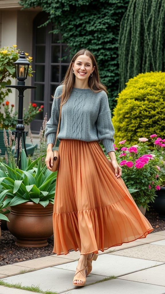 A cozy cable knit sweater paired with a flowing cream midi skirt and brown ankle boots, set against a backdrop of colorful flowers.