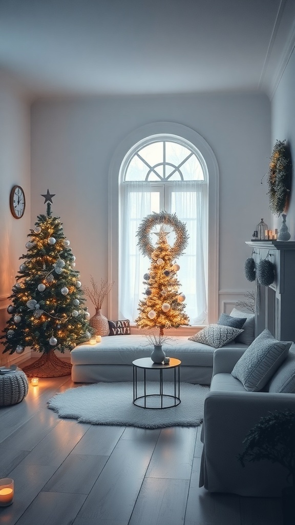 A cozy living room decorated for Christmas with two trees, soft lighting, and a warm atmosphere.