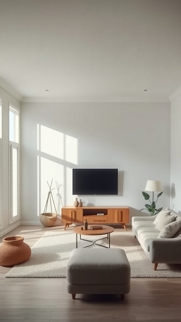 A minimalist living room with soft colors, simple furniture, and natural light.