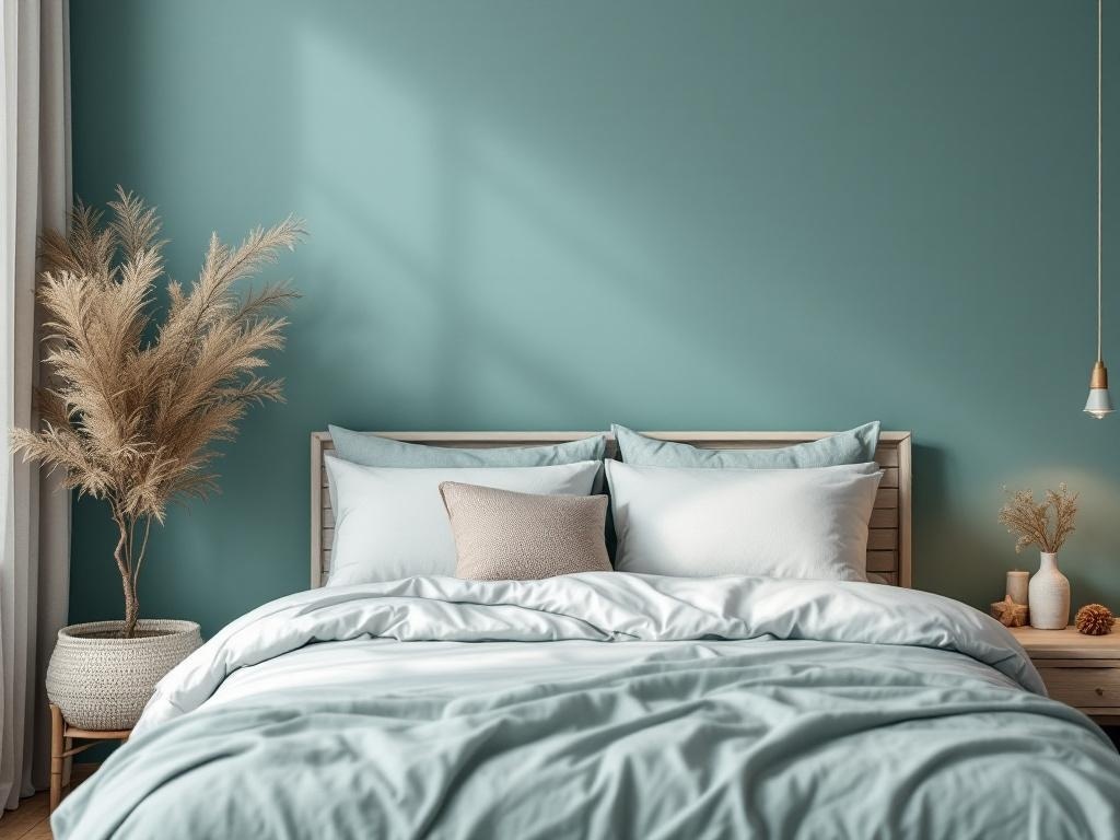 A serene bedroom with a calm teal wall, soft bedding, and a decorative plant.