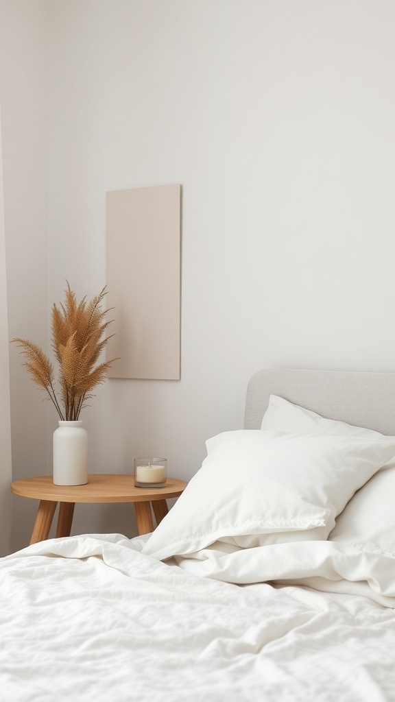 A minimalist bedroom featuring a soft bed with white linens, a wooden side table, a vase with dried flowers, and a candle.