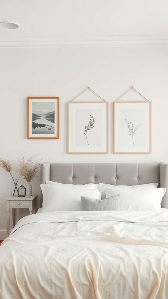 A calming bedroom with artwork featuring nature and soft colors.