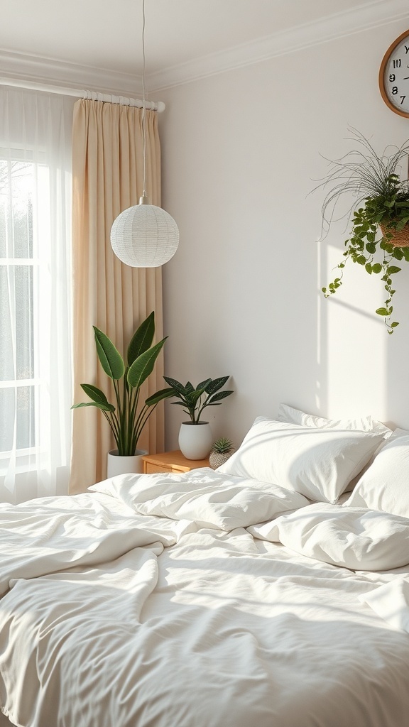 A calming bedroom with soft bedding, plants, and natural light.